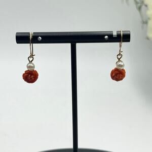 Vintage 14K Gold Carved Coral Rose and White Pearl Drop Dangle Earrings 1.66g